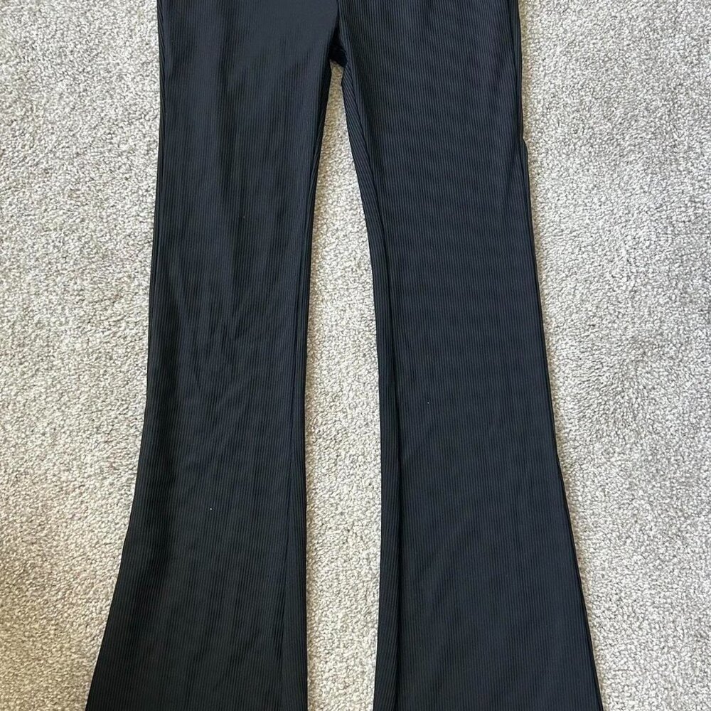 SHEIN black ribbed flare leggings with tie wa